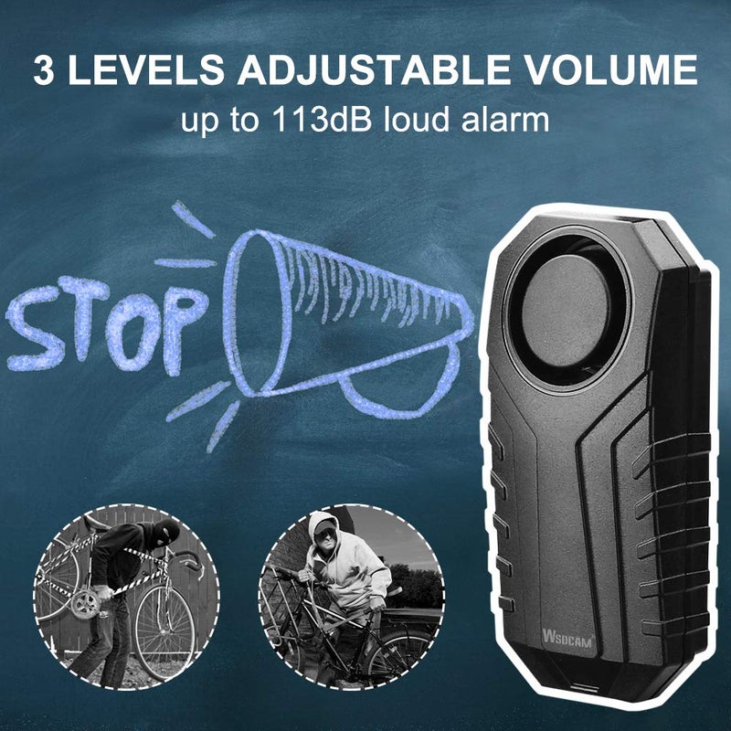 wsdcam جهاز إنذار دراجة WSDCAM مع جهاز تحكم عن بُعد 2 حزمة، إنذار لاسلكي مضاد للسرقة 113 ديسيبل للاهتزاز للدراجات النارية والدراجات الهوائية ونظام أمان المركبات (أسود) - Image 2